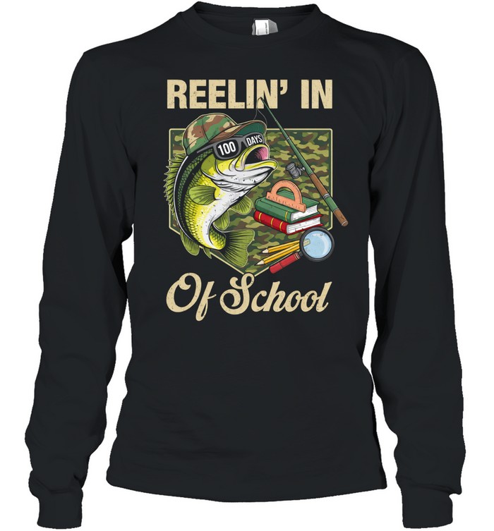 Reelin' In 100 Days Of School Bass Fishing Funny Teacher Boy Long Sleeve Tee