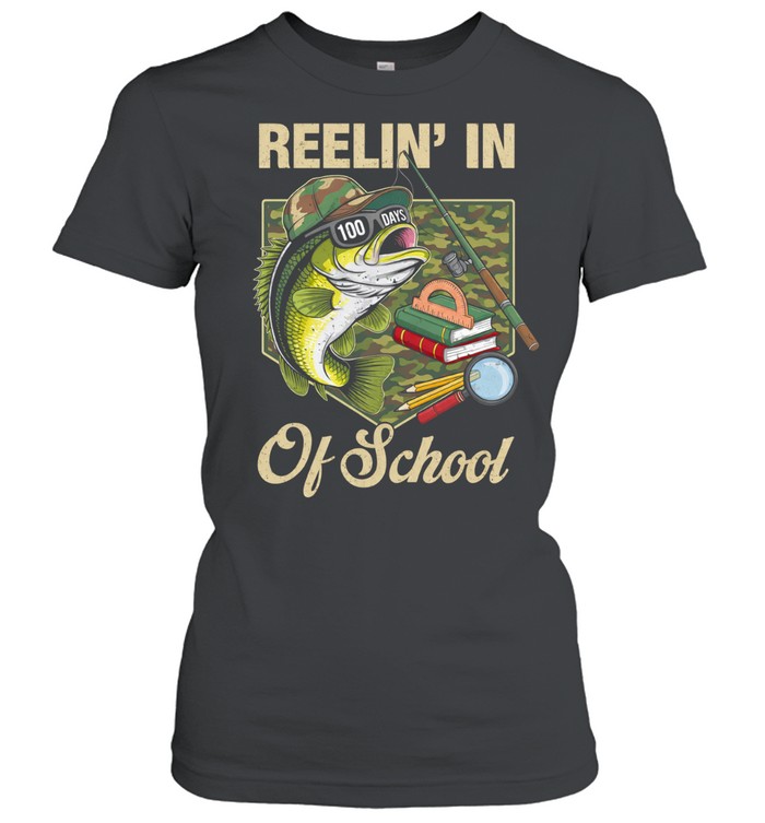 Reelin' In 100 Days Of School Bass Fishing Funny Teacher Boy Women T-Shirt