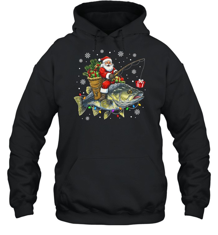Santa Riding Bass Fish Christmas Fishing Lover Funny Xmas Hoodie