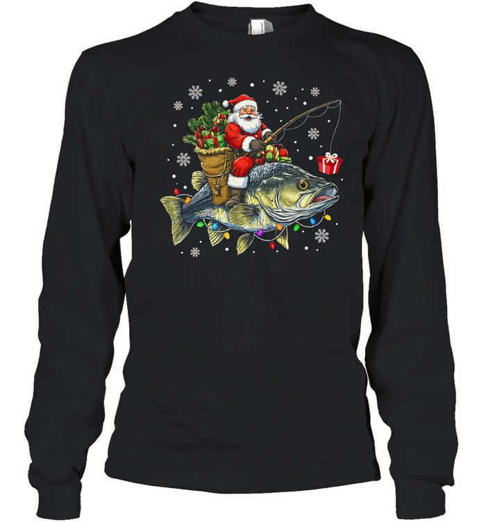 Santa Riding Bass Fish Christmas Fishing Lover Funny Xmas Long Sleeve Tee