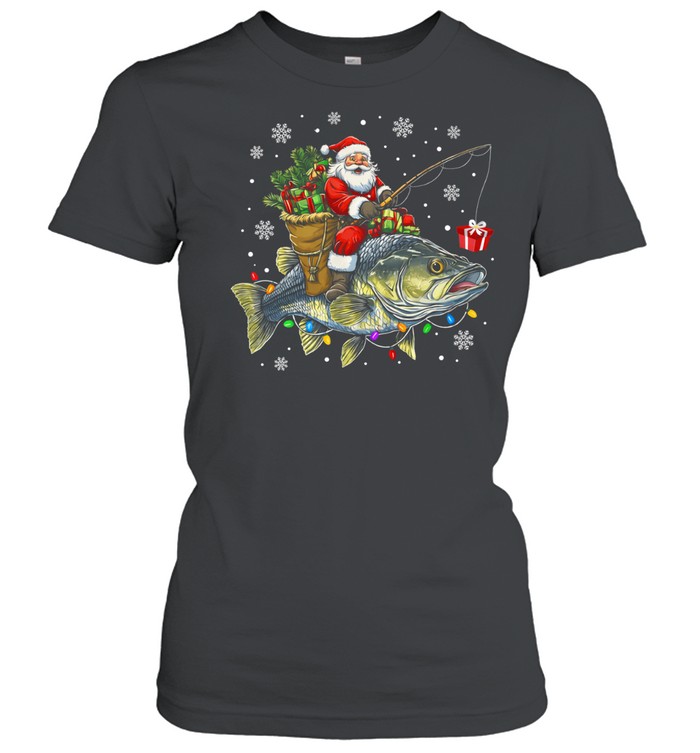 Santa Riding Bass Fish Christmas Fishing Lover Funny Xmas Women T-Shirt