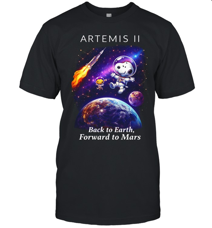 Peanuts Snoopy and Woodstock Artemis II back to earth forward to Mars Unisex T-Shirt