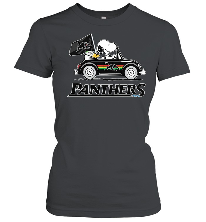 Snoopy and Woodstock driving car Carolina Panthers football Women T-Shirt