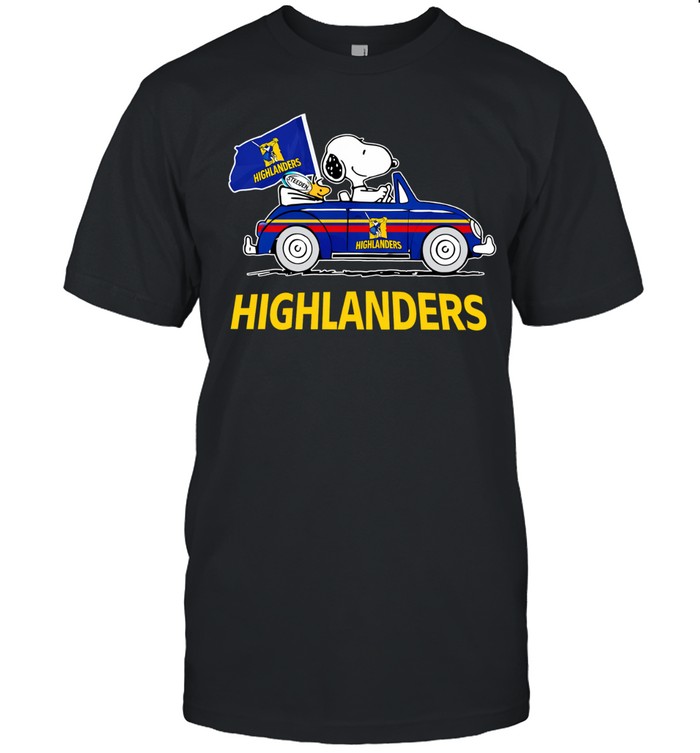 Snoopy and Woodstock driving car cheering for Highlanders Rugby club Unisex T-Shirt