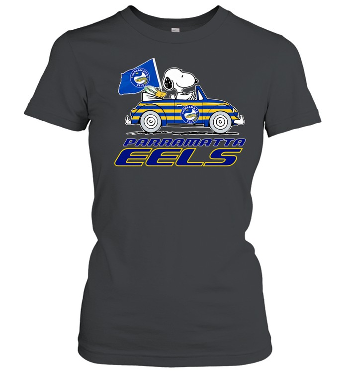 Snoopy and Woodstock driving car Parramatta Eels FC Women T-Shirt