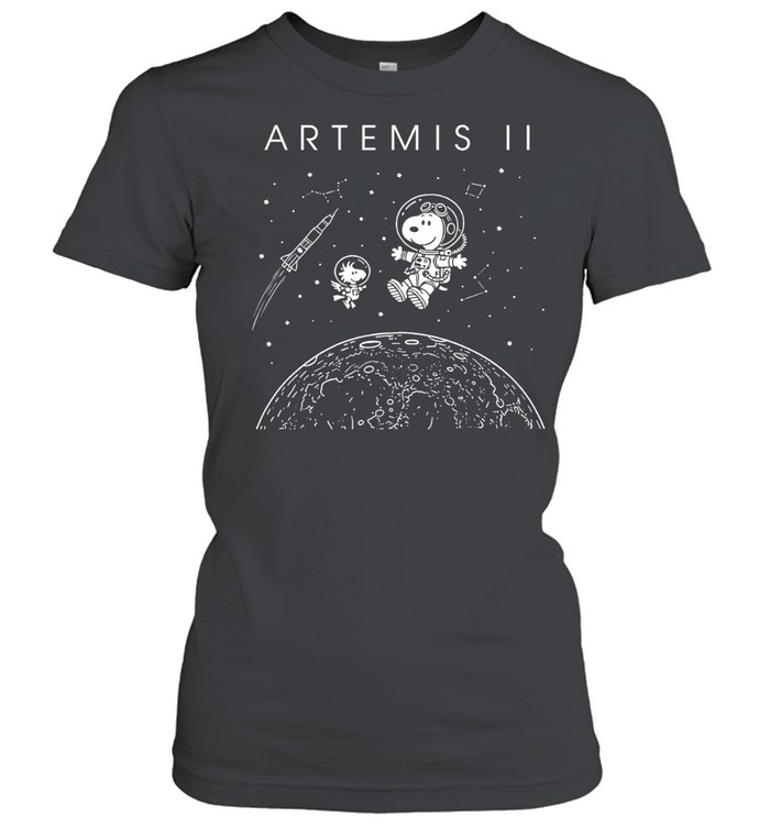 Snoopy and Woodstock flying in outer space. Artemis II of NASA Women T-Shirt