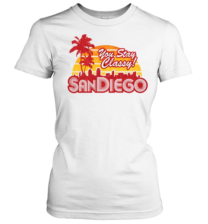 You Stay Classy San Diego city skyline coconut trees sunset retro Women T-Shirt