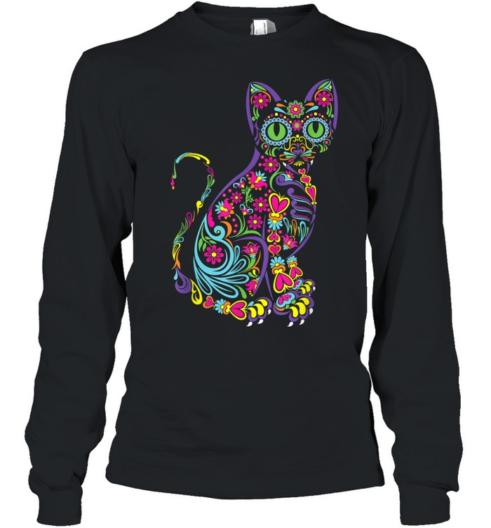 Cat Sugar Skull Dia De Los Muertos Cute Mexican Long Sleeve Tee