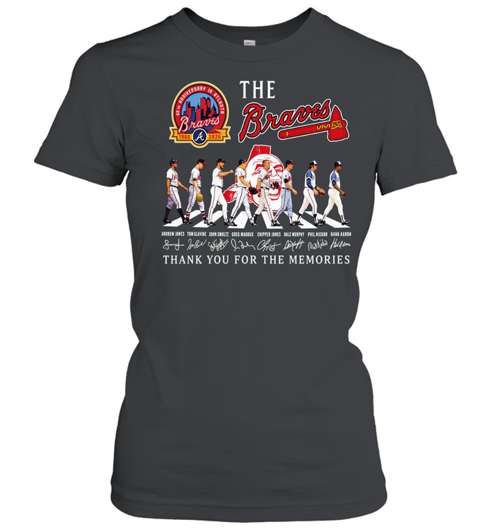 60th Anniversary In Atlanta Andrew Jones Tom Glavine John Smoltz Greg Maddux Chipper Jones Dale Murphy Phil Niekro Hank Aaron Thank You For The Memories Braves Women T-Shirt
