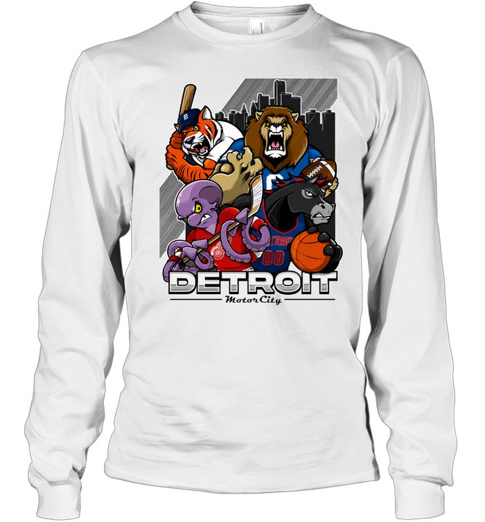Detroit Sports Teams Mascot Collage Motor City Sports Long Sleeve Tee