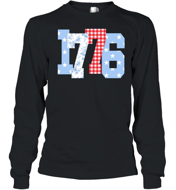 Floral Gingham Stars 1776 Patriotic America 4th of July Long Sleeve Tee
