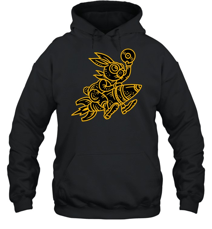 Golden Rabbit Riding a Rocket Holding a Record Vinyl Music Space Hoodie