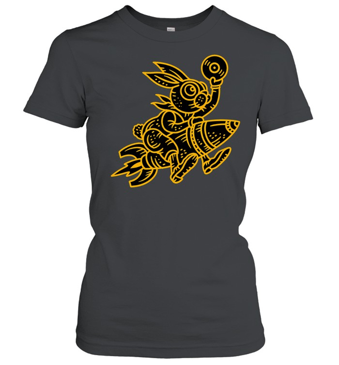Golden Rabbit Riding a Rocket Holding a Record Vinyl Music Space Women T-Shirt
