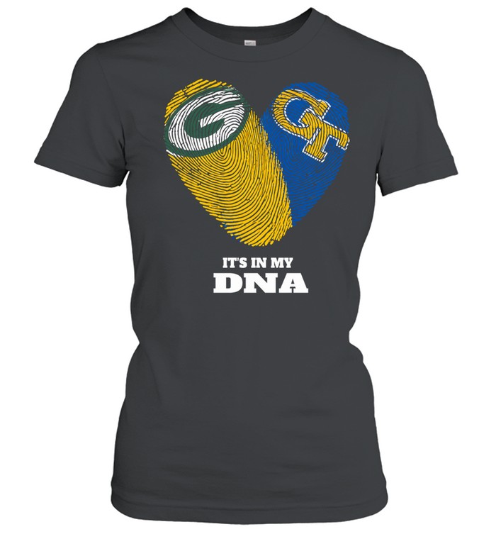 Green Bay Packers and Georgia Tech It’s in My DNA Fingerprints Heart Love Fans Women T-Shirt