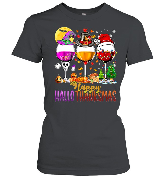 Halloween Thanksgiving Christmas Happy Hallothanksmas Wine Women T-Shirt