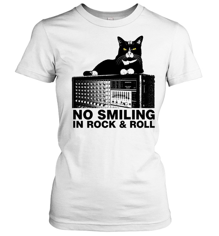 No Smiling In Rock And Roll Tuxedo Cat Soundboard Audio Engineer Women T-Shirt