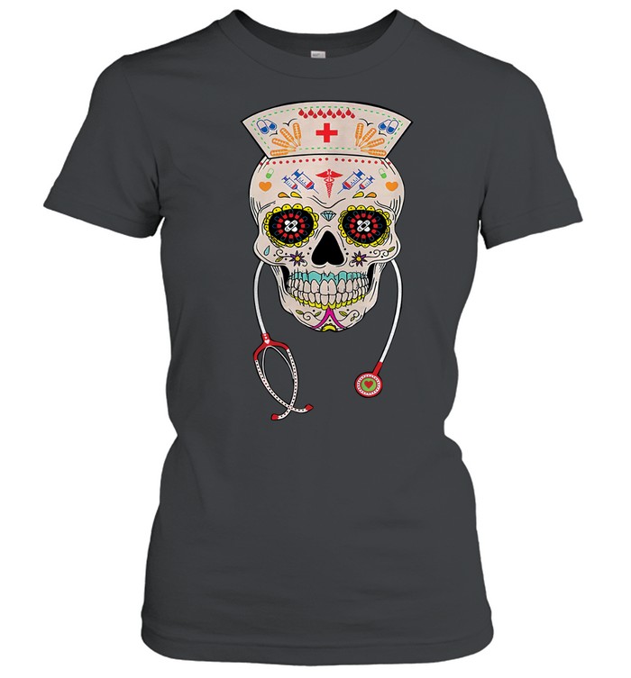 Nurse Sugar Skull Halloween Day Of The Dead Dia De Los Women T-Shirt