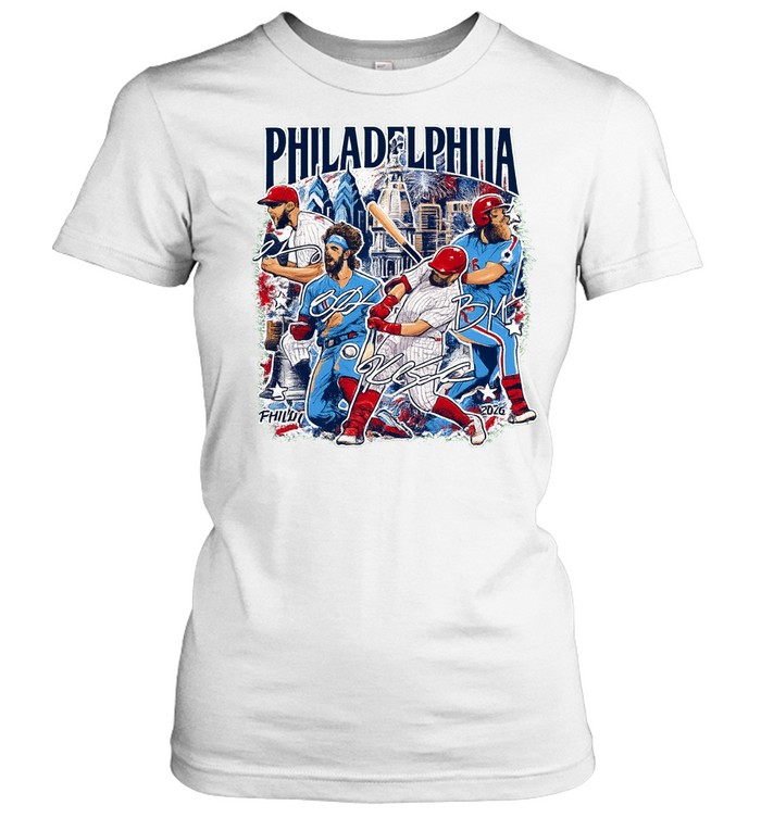 Philadelphia Phillies Stars Trea Turner Bryce Harper Kyle Schwarber on Marsh Baseball All Star 2026 Signature Women T-Shirt