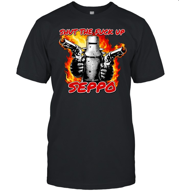 Shut the Fuck Up Seppo Knight Holding Dual Revolvers on Fire Unisex T-Shirt